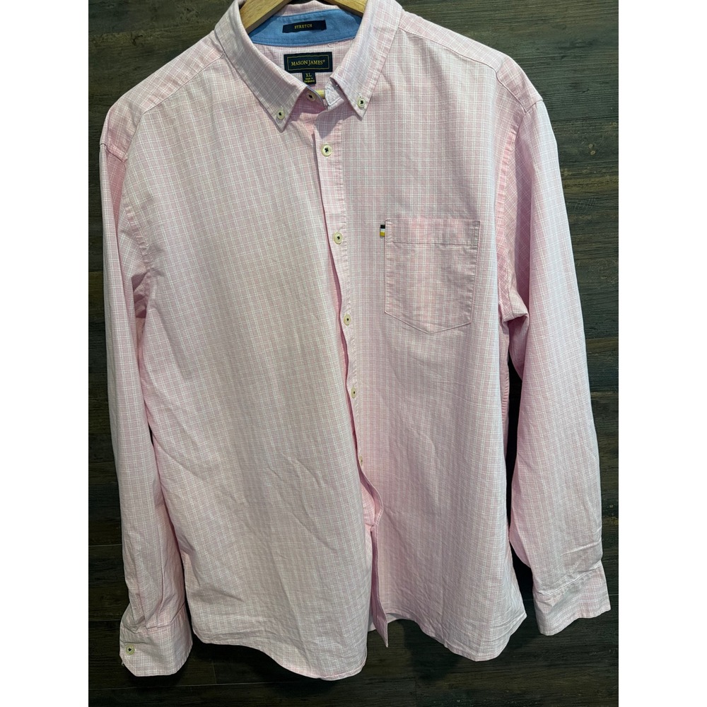 Mason James Mens XL Pink Plaid Long Sleeve Button Down Stretch Shirt Pocket
